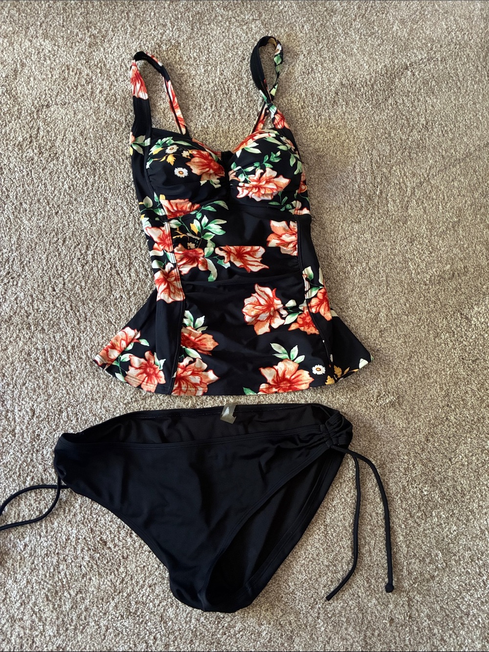 Victoria's Secret Black Floral Tankini with Coral and Green Accents